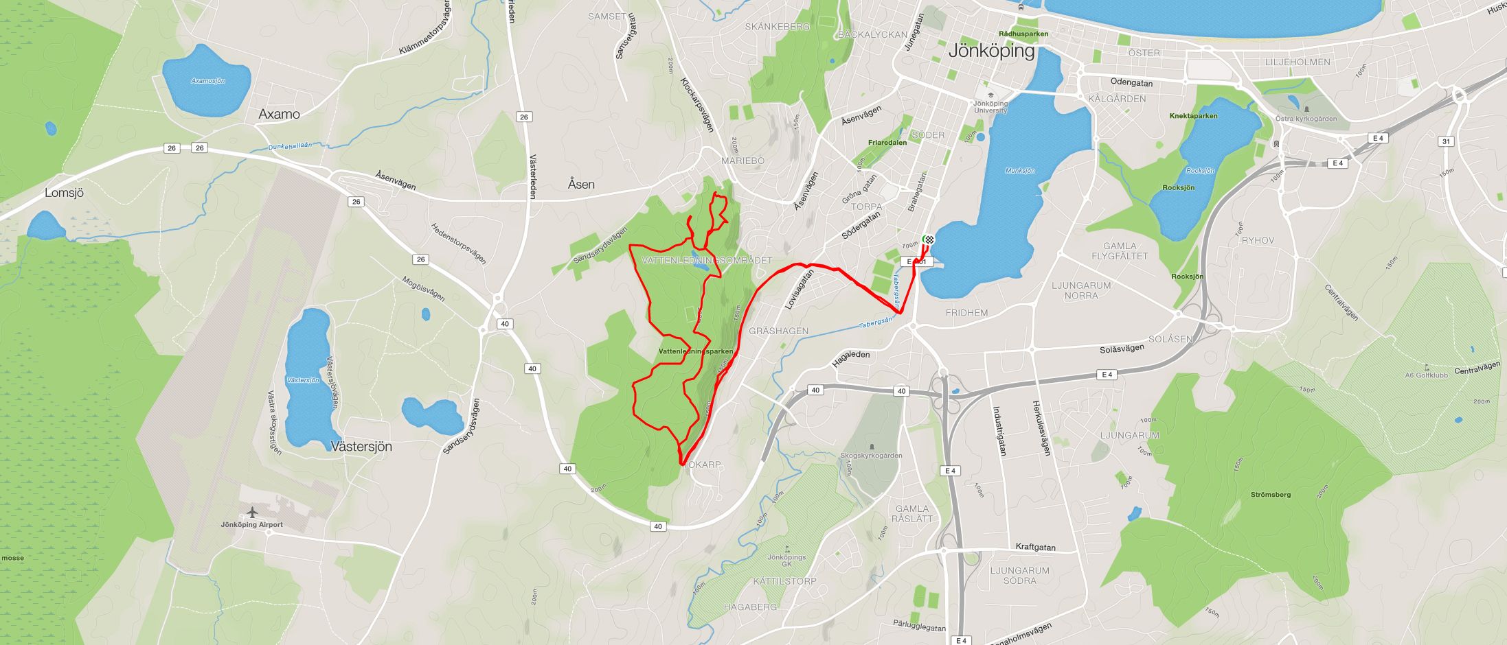 Karta över Jönköping med en rutt i Vattenledningsområdet markerat med röd linje