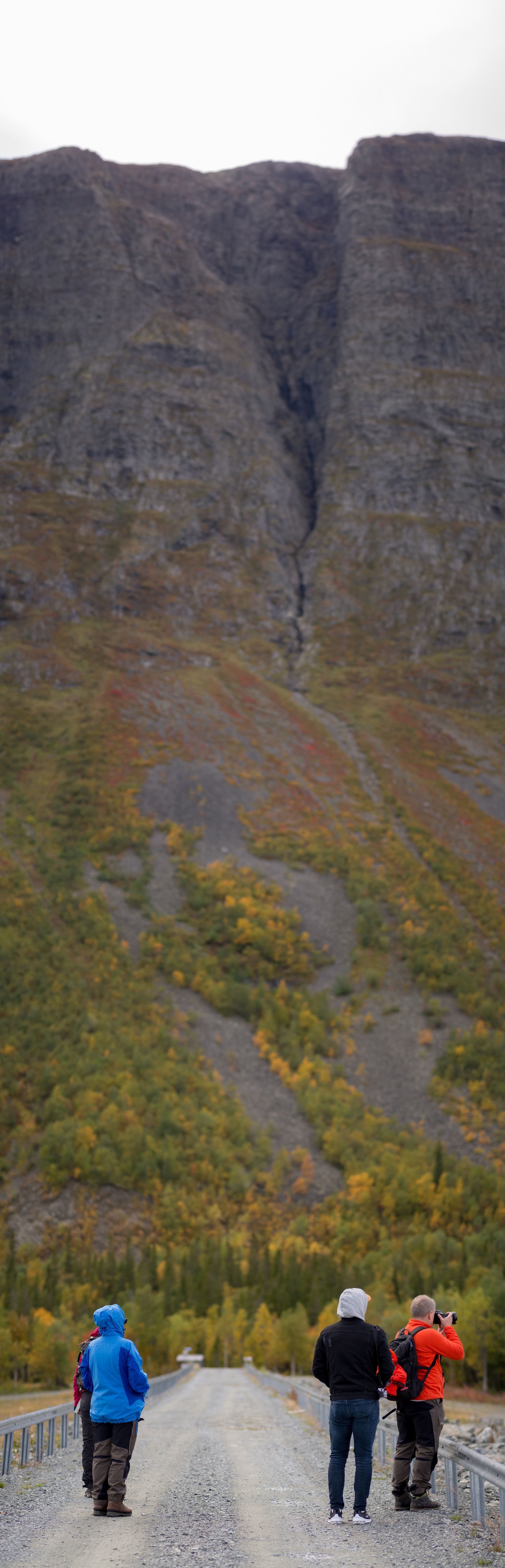 Fyra personer som står på en väg med Borgafjäll i bakgrunden