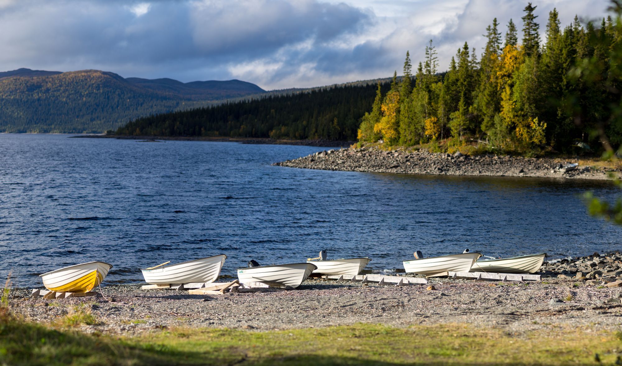 Båtar på en stenig strand vid en sjö. I Bakgrunden syns granskogar och berg
