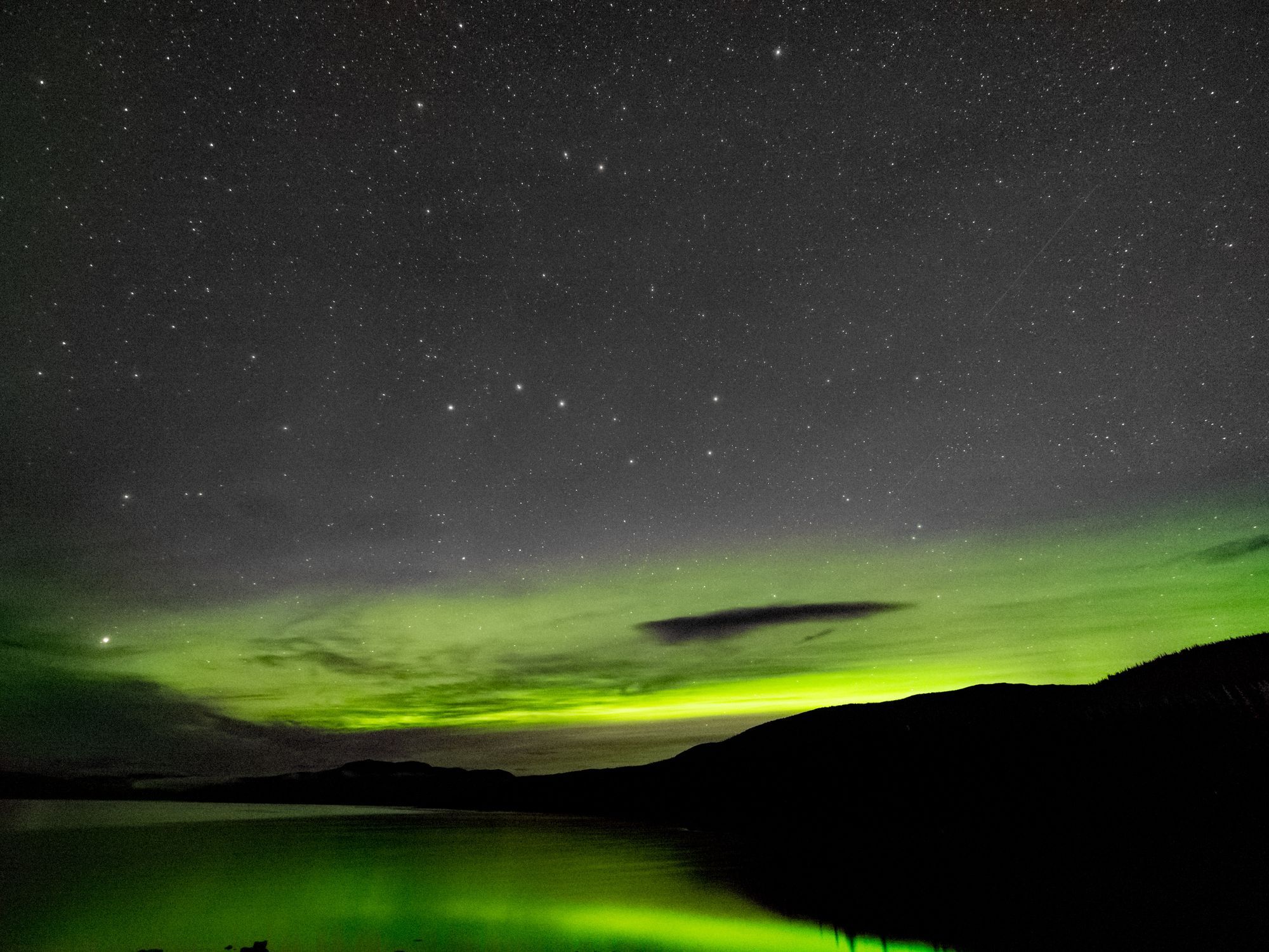 Väldigt grönt norrsken över berg