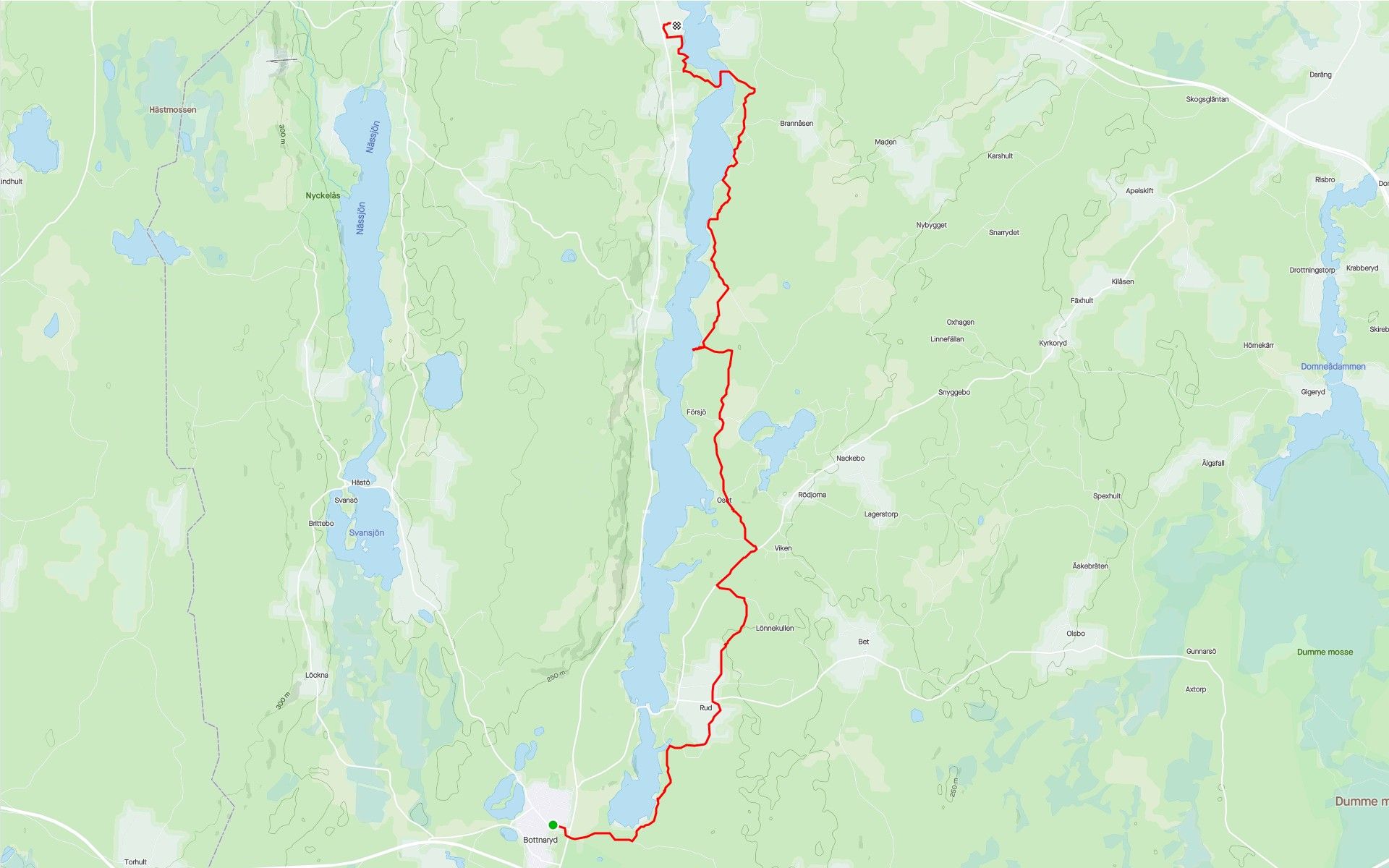 Karta över Bottnaryd med en rutt inritad med röd linje.