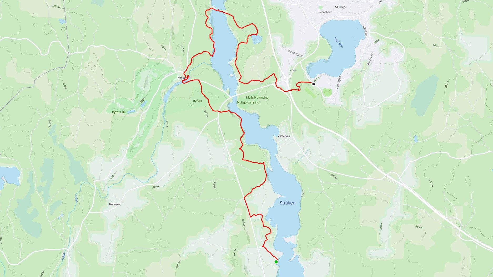 Karta över Mullsjö med en rutt inritad med röd linje.