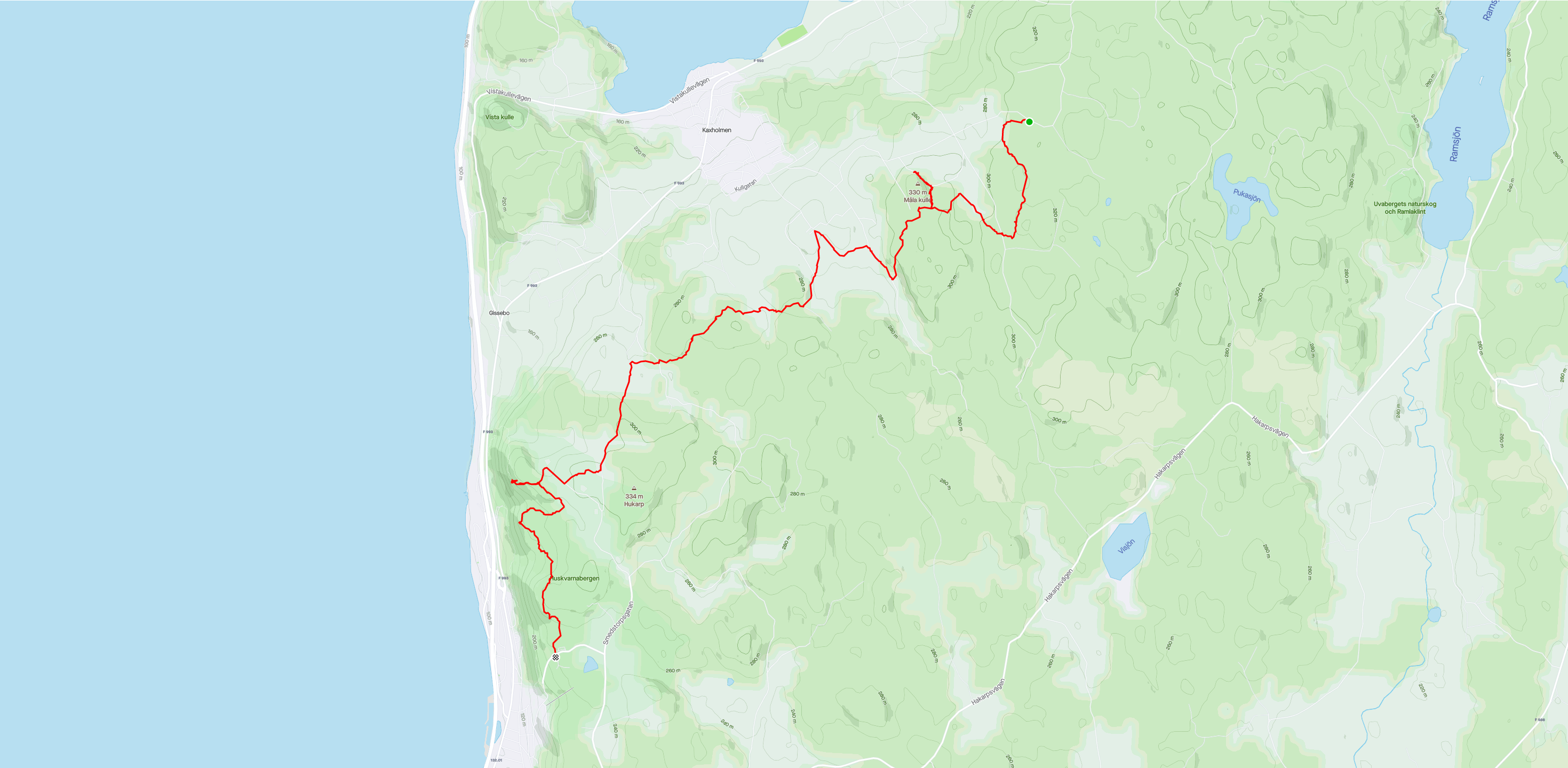 Karta över Kaxholmen och Huskvarnabergen med omnejd med en röd linje inritad för rutten som vi gick.