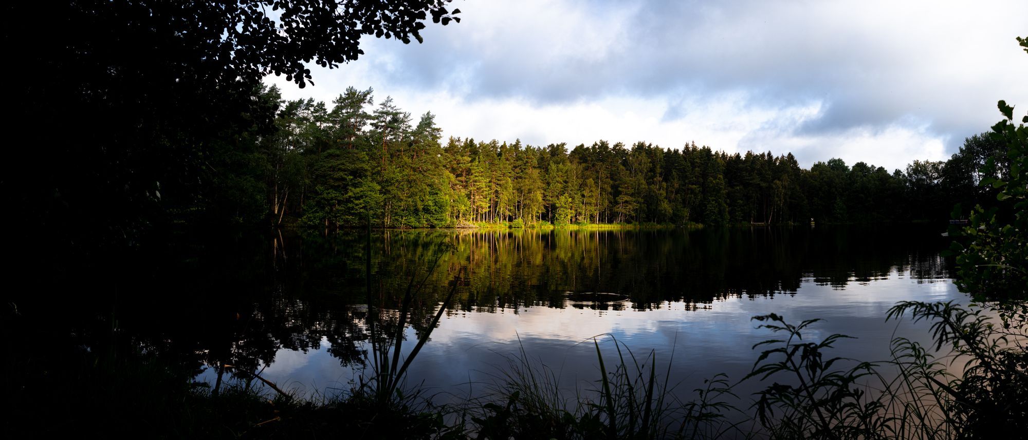 En spegelblank sjö i en skog som nästan helt är i skugga. Mitt i bilden är en liten bit av skogen träffad av varmt solljus.