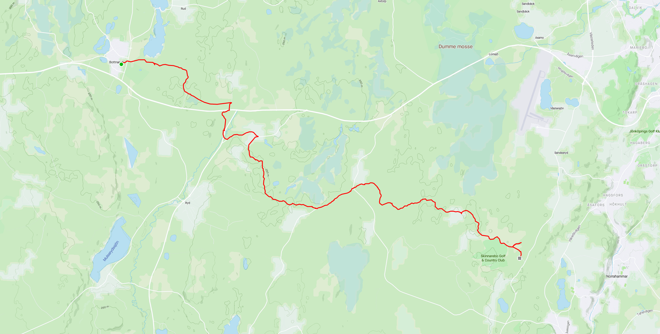 En karta som visar en vandringsrutt från Bottnaryd till Skinnarebo.