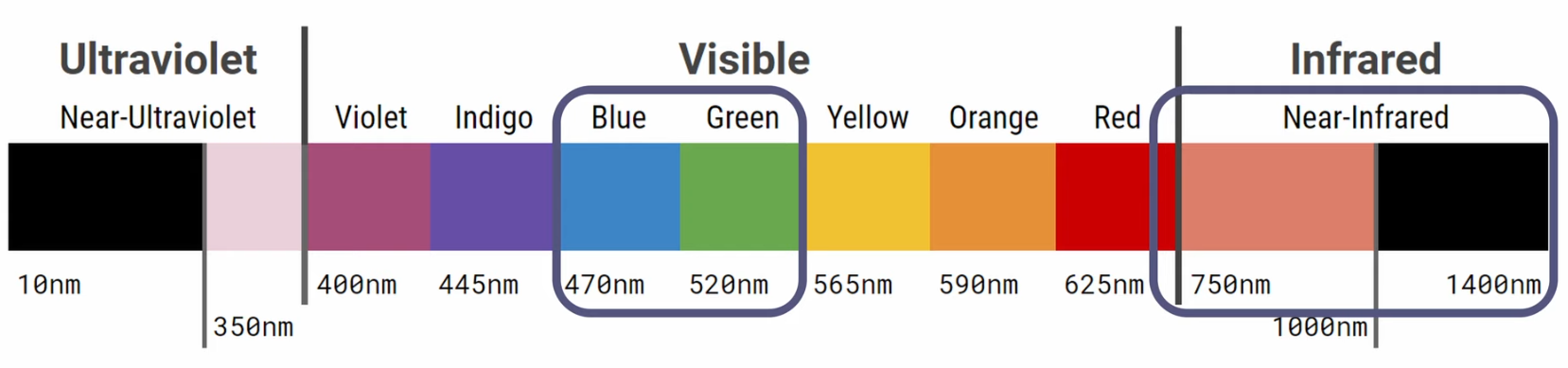 Diagram över ett spektrum där det gröna och blå ljuset är inringat samt det infraröda
