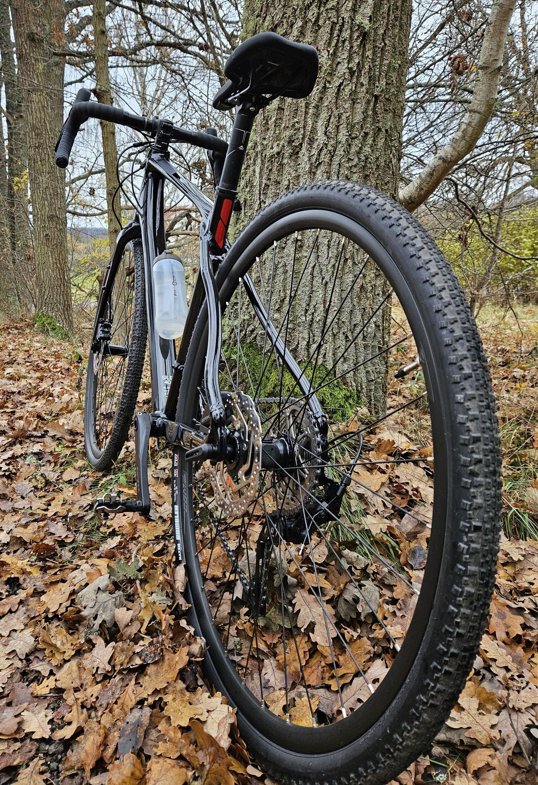 En svart gruscykel sett bakifrån från sidan. Den står lutad mot ett träd och är skinande svart. Reflexer i form av klistermärken sitter på skärmen och det sitter en vattenflaska monterad i ramen.