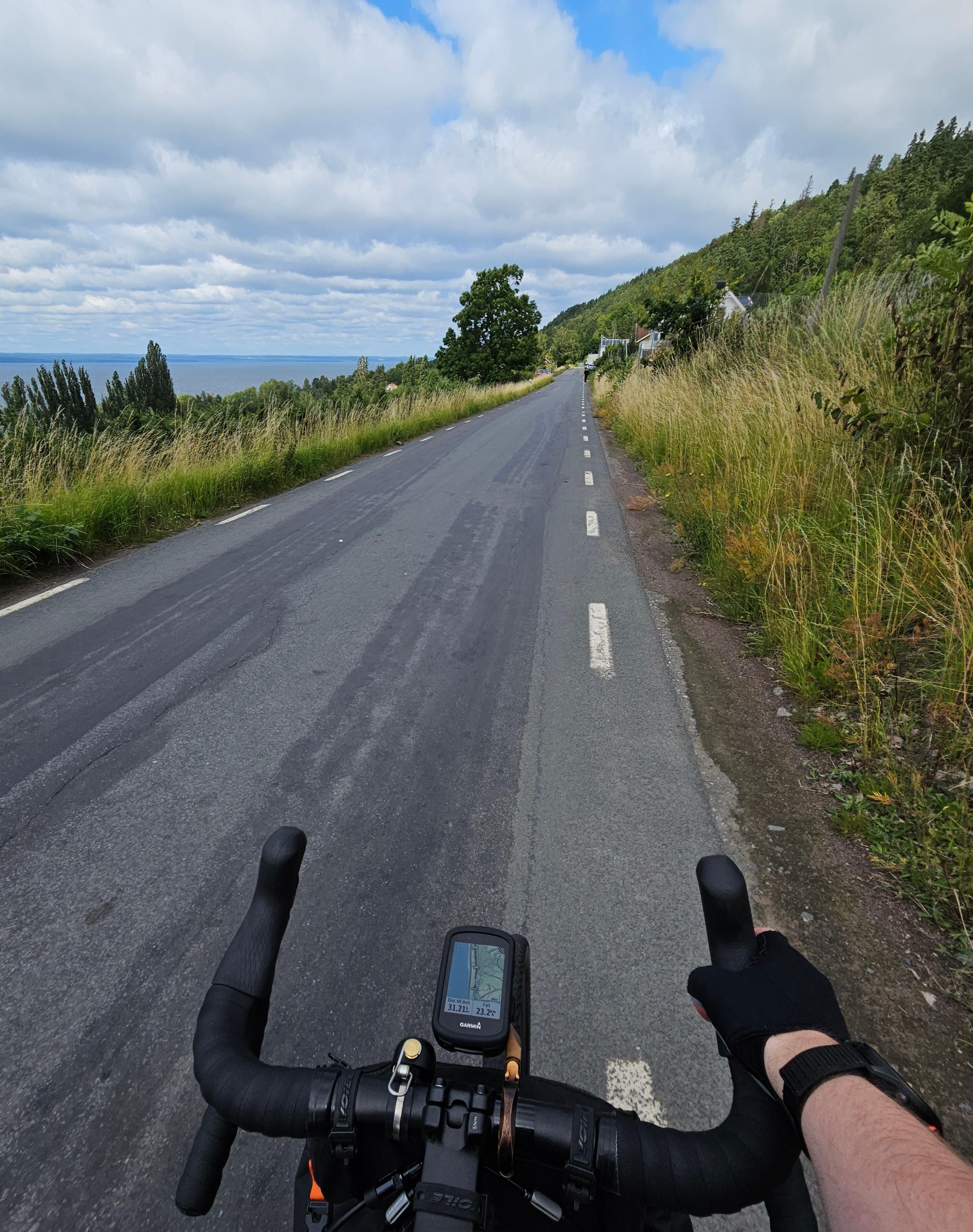 En cykel på en smal asfalterad väg med högt gräs på sidorna. Endast styret syns av cykeln och en hand håller i styret.