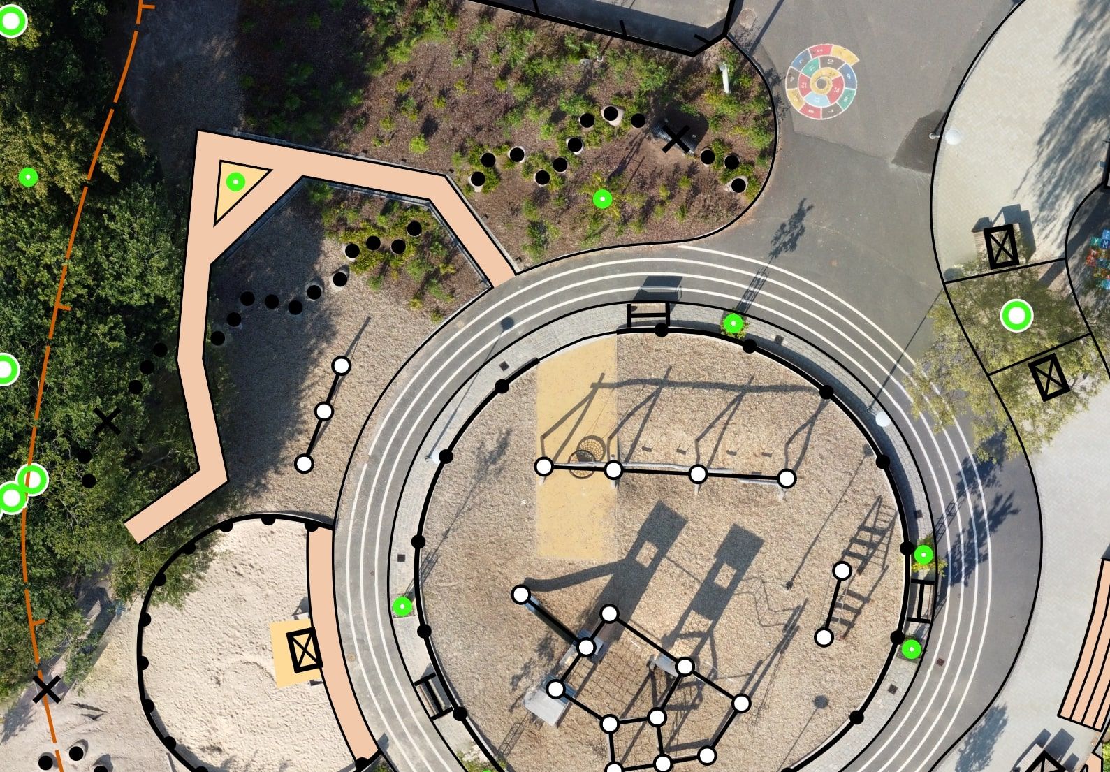 Orienteringssymboler på ett fkygfoto