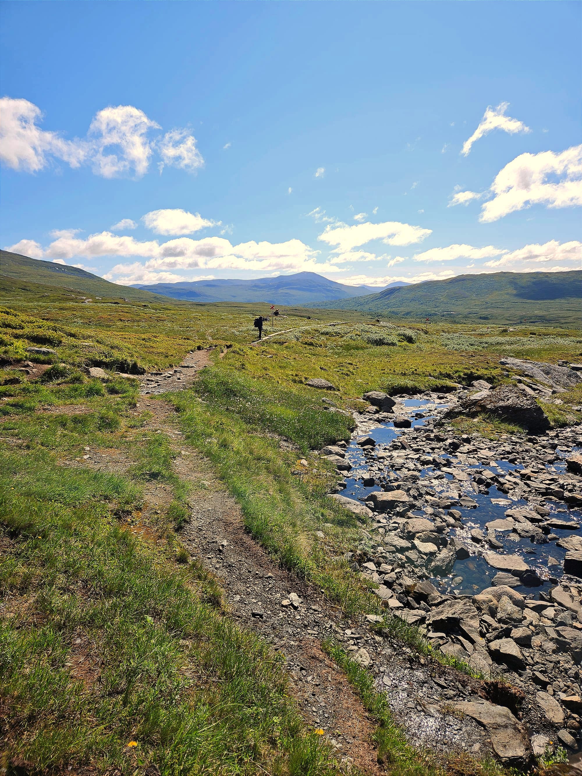 En stig på kalfjäll som går längs med en stenig bäck. En bit bort står en person still på stigen. Solen skiner.