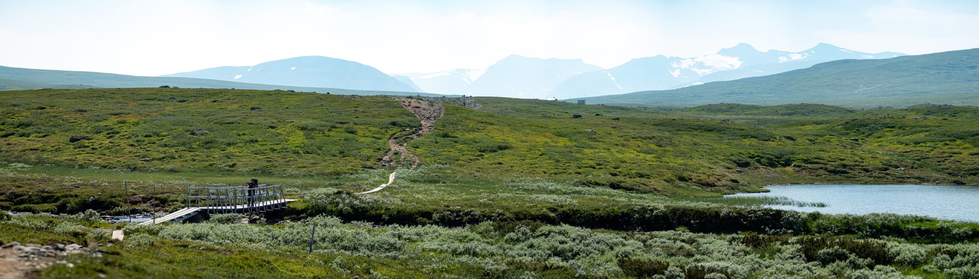 Ett fjällandskap med en stig som slingrar sig genom landskapet. Till vänster i bild korsar stigen en bäck över en bro. Längre bort blir stigen väldigt bred med många stickspår. I bakgrunden långt bort syns en stor bergskedja med glaciärer, de syns knappt för allt dis.